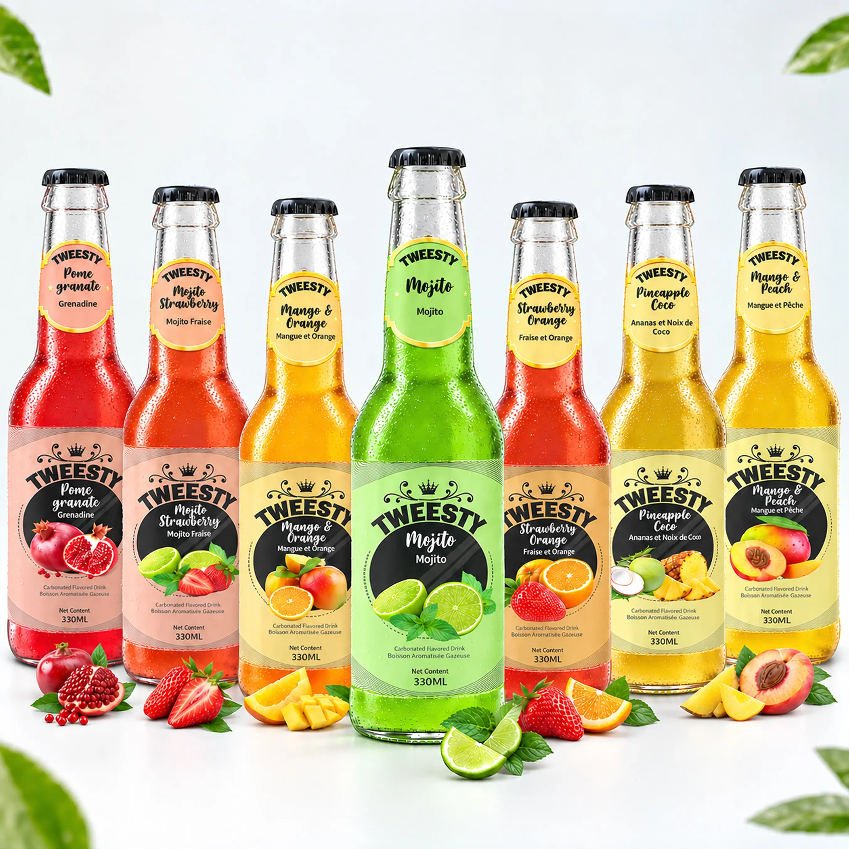 TWEESTY assorted carbonated flavoured drinks in Pomegranate, Mojito Strawberry, Mango Orange, Mojito, Strawberry Orange, Pineapple Coco and Mango Peach flavours, 330ml glass bottles